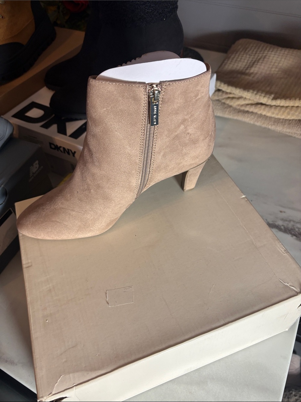 Anne Klein Taupe Suede Side Zip Ankle Booties - Picture 3 of 9